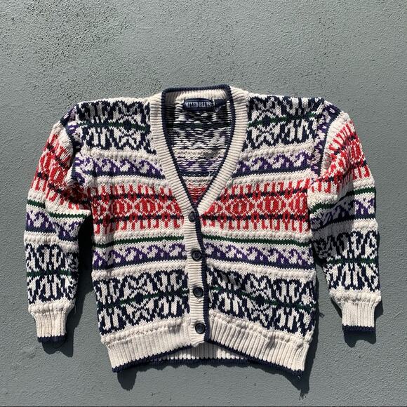 Vintage Sweaters - Vintage 90s Mixed Blues primary color fair isle stripe knit button down cardigan